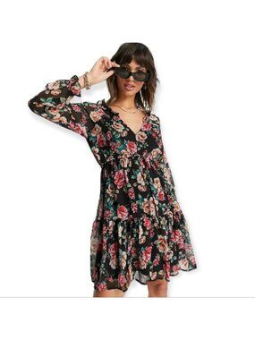 American Eagle Floral Black Tiered Ruffle Romantic Sheer Babydoll Dress Size S